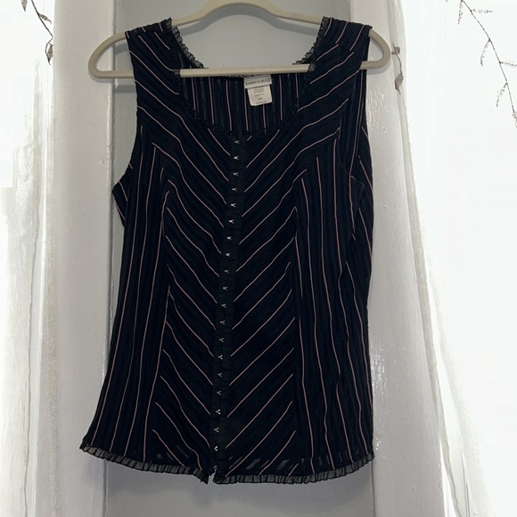 Fashion Bug Pin Stripe y2k Grunge Pink Black Tank Top Lace Neckline Faux Corset - Picture 3 of 10